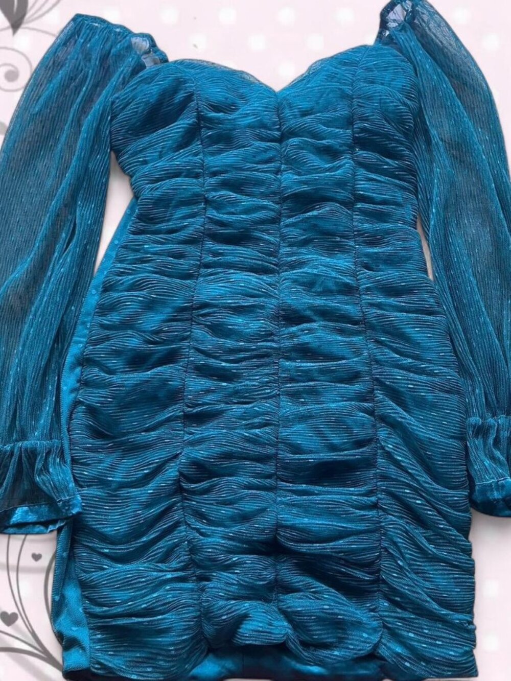 Haute Monde Dark Green Mini Dress with Ruched Bodice & Sheer Sleeves. Size Large